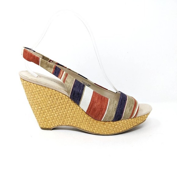 Anne Klein Womens 9.5 Fortuna Stripe Fabric Slingback Rattan Wedge Sandals Boho - Picture 4 of 10